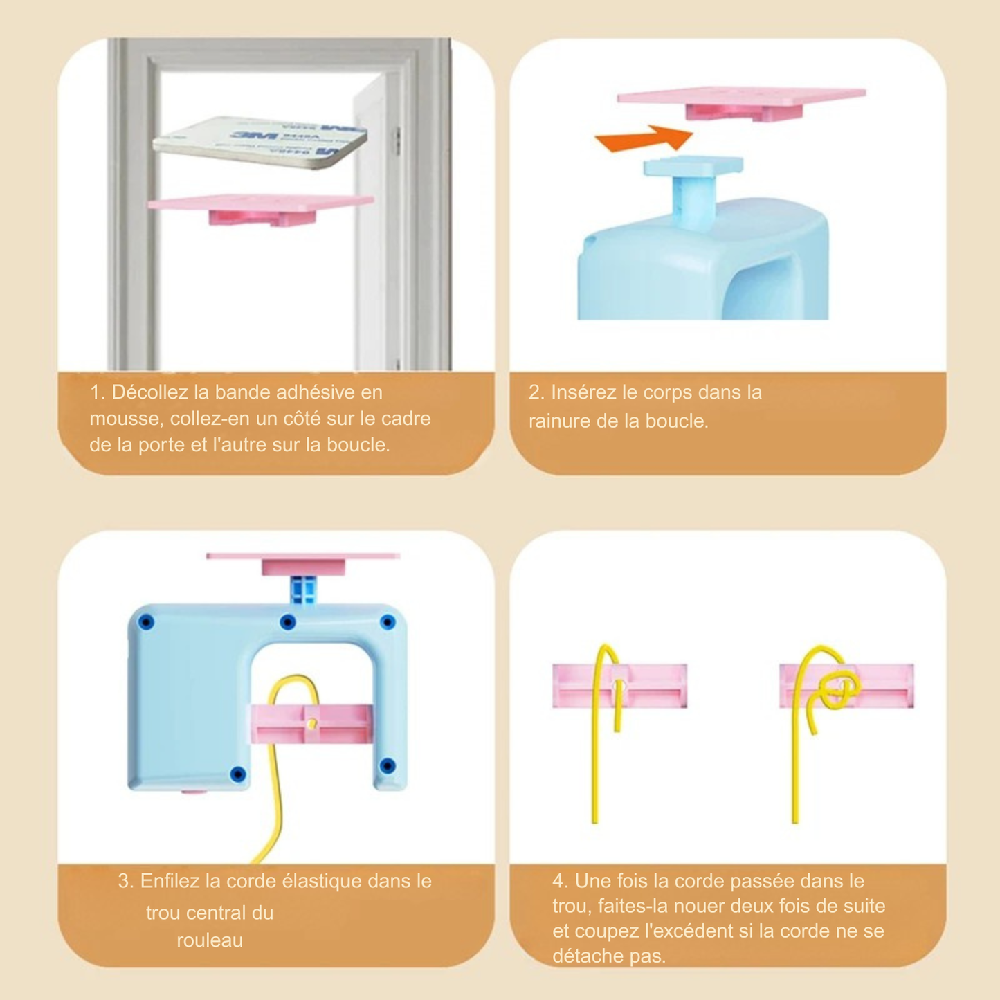 Guide d'installation en 4 étapes du jouet pour chat automatique à suspendre. Tutoriel montrant la fixation de l'adhésif 3M, l'insertion du boîtier dans le support et le réglage de la corde élastique jaune. Ce jouet chat interactif est conçu pour une installation rapide sur cadre de porte, faisant de lui le jouet animaux le plus simple et efficace du marché pour stimuler l'instinct de chasse.