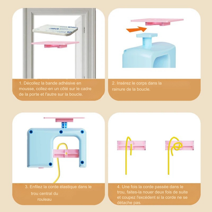 Guide d'installation en 4 étapes du jouet pour chat automatique à suspendre. Tutoriel montrant la fixation de l'adhésif 3M, l'insertion du boîtier dans le support et le réglage de la corde élastique jaune. Ce jouet chat interactif est conçu pour une installation rapide sur cadre de porte, faisant de lui le jouet animaux le plus simple et efficace du marché pour stimuler l'instinct de chasse.