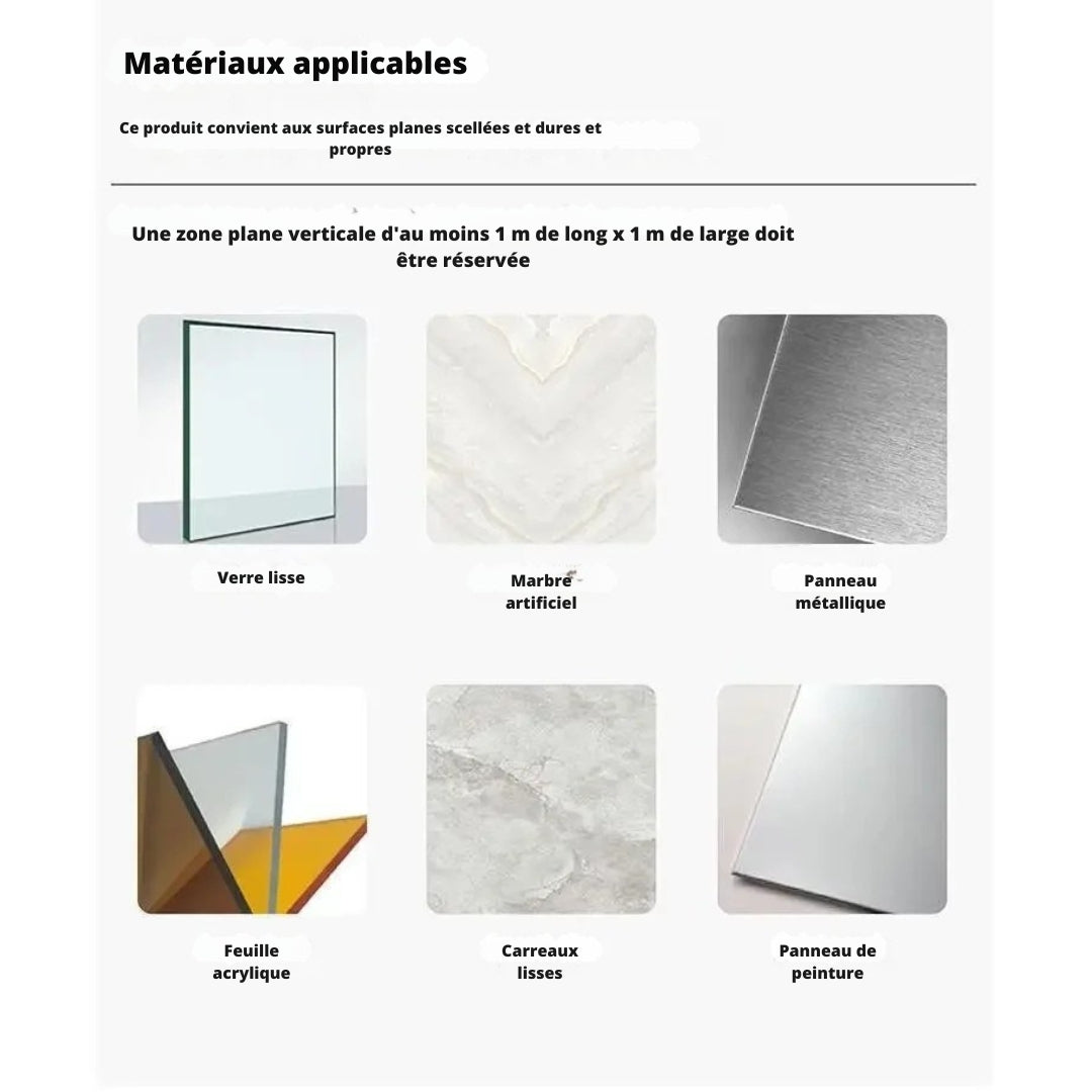 Guide des matériaux compatibles pour le hamac de fenêtre pour chat : verre lisse, marbre artificiel, panneau métallique, feuille acrylique, carreaux lisses et panneau de peinture.