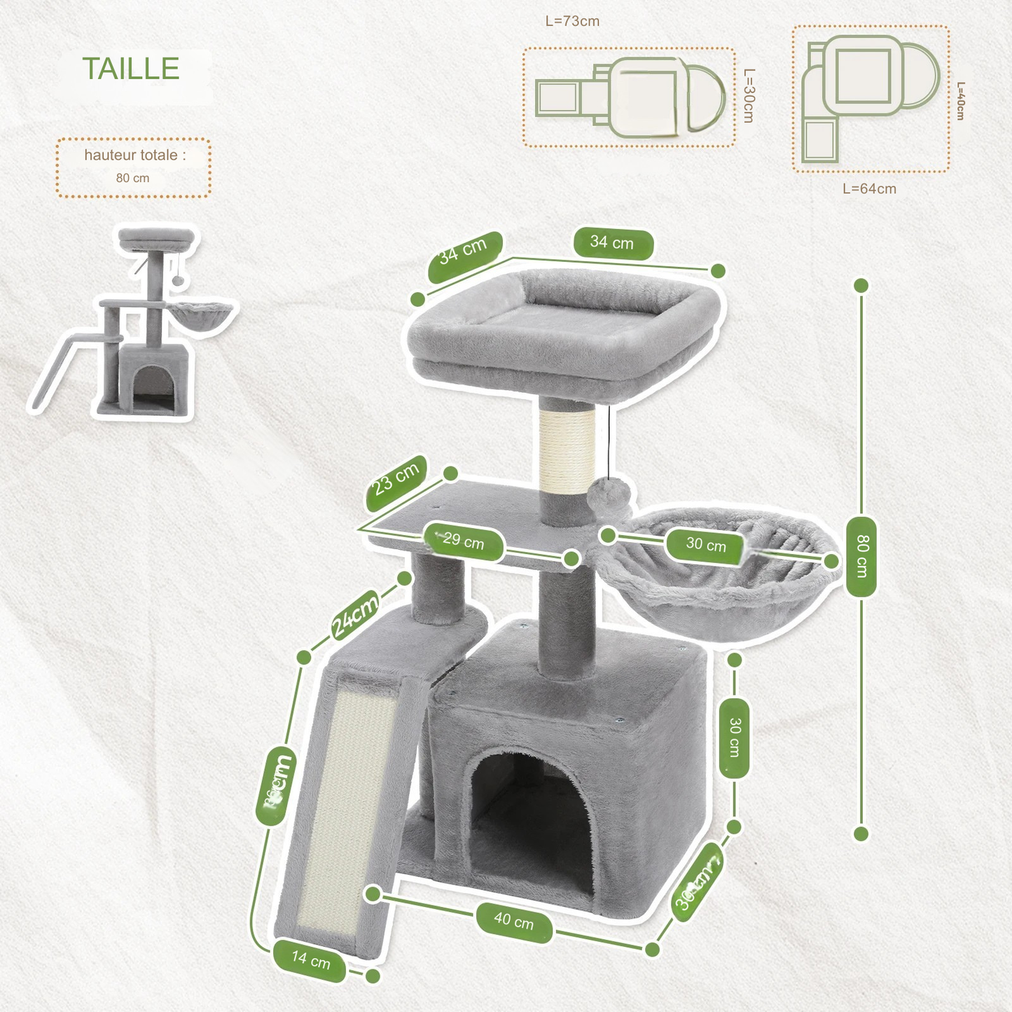 Schéma technique et dimensions d'un arbre à chat gris de 80 cm de hauteur. L'image détaille les mesures de la niche, du hamac de 30 cm, de la plateforme d'observation et de la rampe à griffer. Arbre chaton compact et complet, idéal pour petit espace. Arbre chat robuste Les Trésors d'Owka.