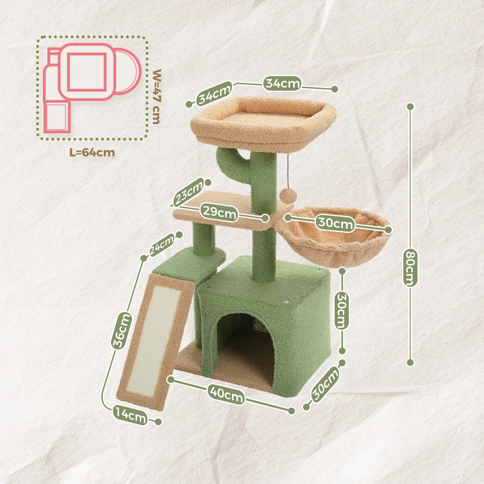 Schéma technique et dimensions d'un arbre à chat vert de 80 cm de hauteur. L'image détaille les mesures de la niche, du hamac de 30 cm, de la plateforme d'observation et de la rampe à griffer. Arbre chaton compact et complet, idéal pour petit espace. Arbre chat robuste Les Trésors d'Owka.