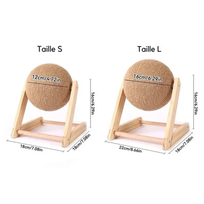 Guide des tailles pour le jouet griffoir boule rotative en sisal et bois : Taille S avec boule de 12 cm et Taille L avec boule de 16 cm, montrant les dimensions détaillées du support.