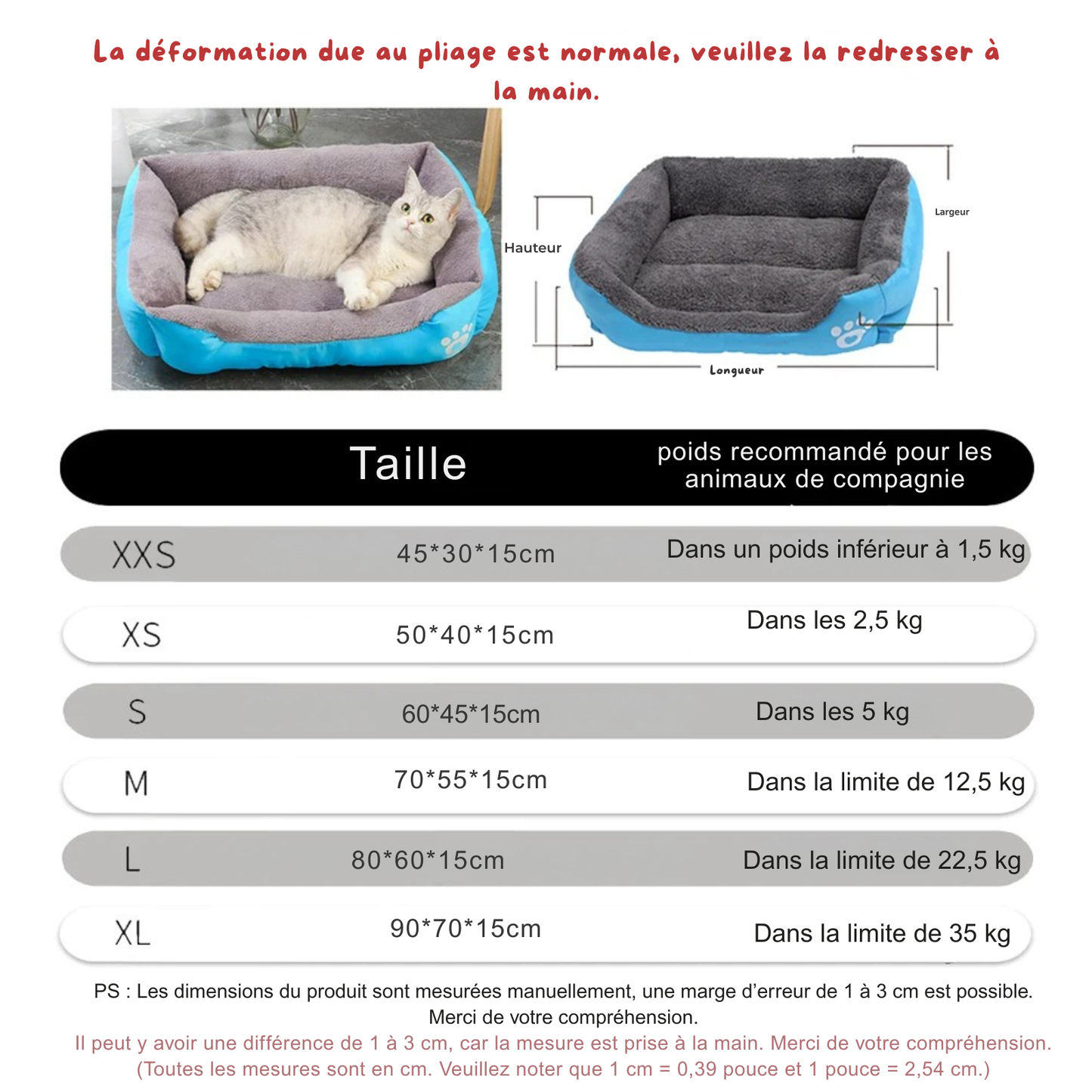 Guide des tailles pour panier chat rectangulaire bicolore bleu et gris. L'image présente un tableau complet de XXS à XL avec dimensions en cm et poids recommandé pour chaque coussin pour chat. Schéma technique des mesures et conseils pour le dodo de votre animal. Lit adaptable pour coussin a chat. Qualité Les Trésors d'Owka.