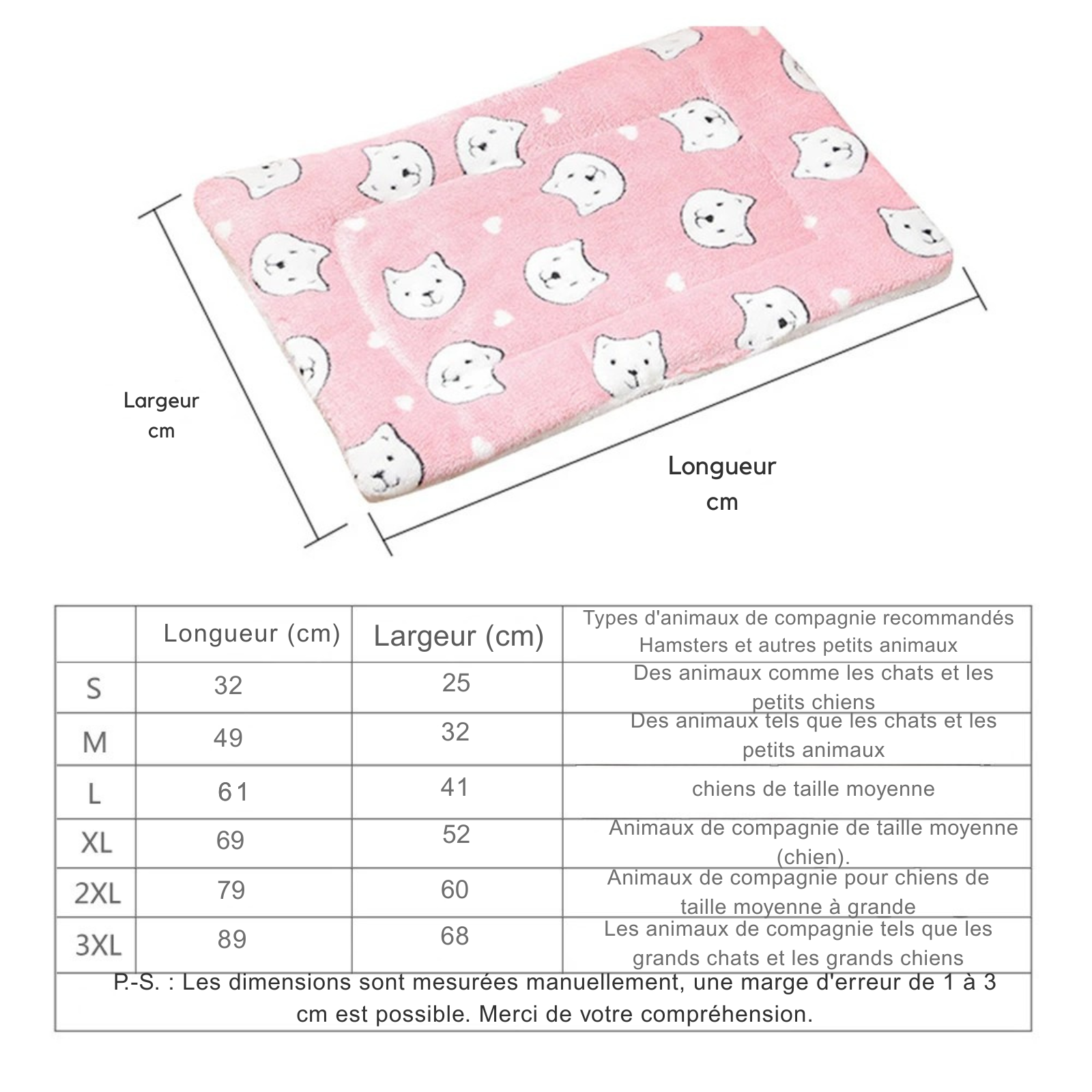Tableau comparatif des tailles (S, M, L, XL, 2XL, 3XL) pour tapis chat et chien montrant les dimensions en cm et les types d'animaux recommandés. L'image présente le schéma de mesure longueur et largeur d'un coussin à chat rose à motifs. Idéal pour choisir son coussin pour chat sur mesure. Qualité Les Trésors d'Owka.