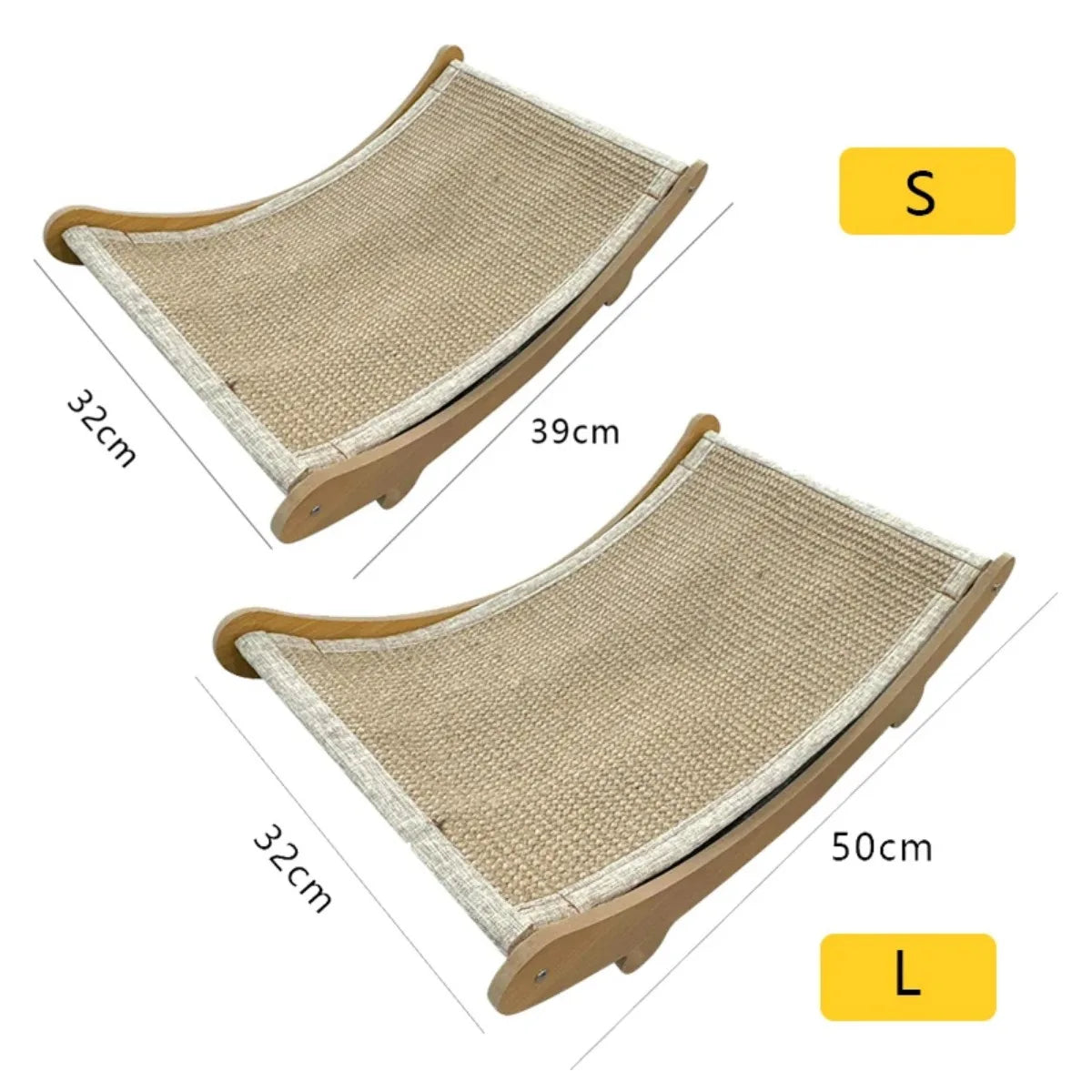 Infographie technique présentant le guide des tailles du griffoir chat haut de gamme en forme de hamac. Le modèle S mesure 39x32cm et le modèle L mesure 50x32cm. L'image détaille la structure incurvée en bois massif et la surface de griffade en sisal naturel de ce griffoir pour chat ergonomique. Ce griffoir a chat est disponible en deux dimensions pour s'adapter à toutes les races de chats, offrant une solution durable pour protéger vos meubles tout en assurant un confort de repos supérieur. Produit premium