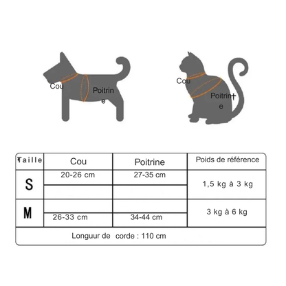 Guide des tailles détaillé pour harnais pour chat et petit chien. Le tableau indique les mesures du cou (20-33 cm) et de la poitrine (27-44 cm) pour les tailles S et M. Ce harnais chat ajustable convient aux animaux de 1,5 kg à 6 kg. Inclut les instructions de mesure pour ce harnais animaux haute sécurité avec une laisse de 110 cm.