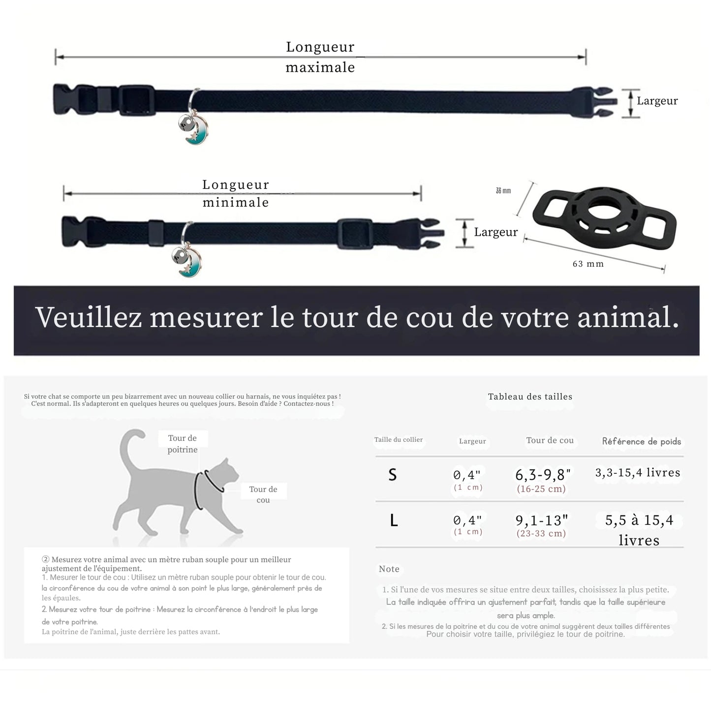 Guide des tailles et tableau de mesures pour collier gps chat. L'image détaille les dimensions des tailles S (tour de cou 16-25 cm) et L (tour de cou 23-33 cm) avec les références de poids correspondantes. Un outil indispensable pour choisir le bon collier gps et garantir un ajustement parfait du collier gps pour chaton grâce aux schémas de longueur maximale et minimale.