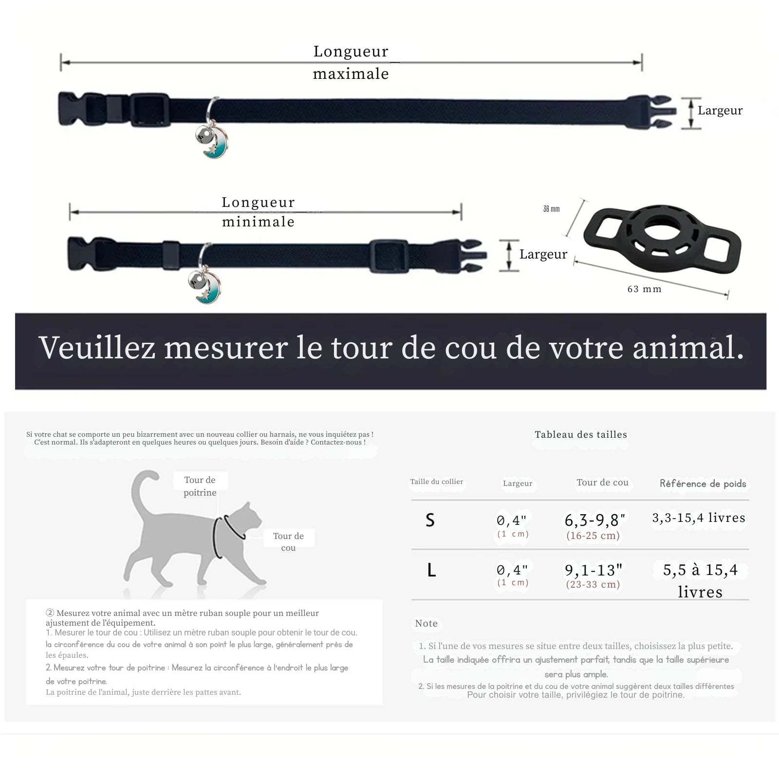 Guide des tailles et tableau de mesures pour collier gps chat. L'image détaille les dimensions des tailles S (tour de cou 16-25 cm) et L (tour de cou 23-33 cm) avec les références de poids correspondantes. Un outil indispensable pour choisir le bon collier gps et garantir un ajustement parfait du collier gps pour chaton grâce aux schémas de longueur maximale et minimale.