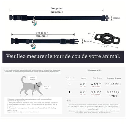 Guide des tailles et tableau de mesures pour collier gps chat. L'image détaille les dimensions des tailles S (tour de cou 16-25 cm) et L (tour de cou 23-33 cm) avec les références de poids correspondantes. Un outil indispensable pour choisir le bon collier gps et garantir un ajustement parfait du collier gps pour chaton grâce aux schémas de longueur maximale et minimale.
