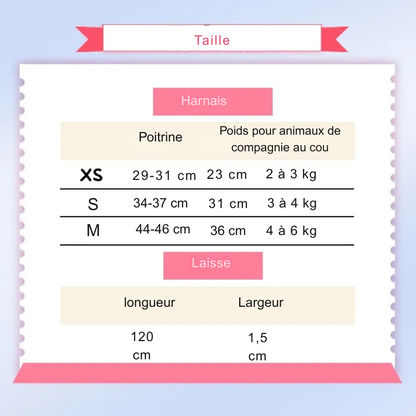 Guide des tailles pour harnais pour chat et laisse assortie. Tableau de mesures détaillant la poitrine, le cou et le poids pour les tailles XS, S et M. Indispensable pour choisir le harnais chat parfaitement ajusté à votre animal, de 2 kg à 6 kg.