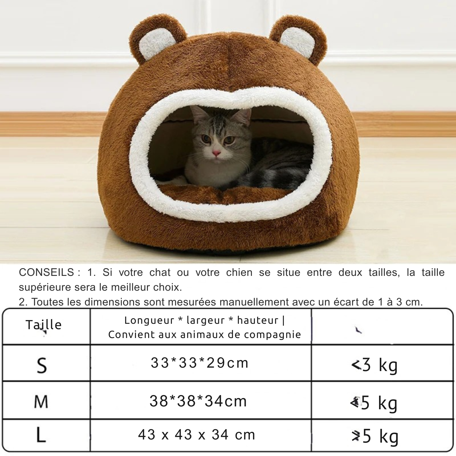 Infographie du panier chat en forme d'igloo ours avec tableau des tailles S, M et L. L'image détaille les dimensions en cm et le poids idéal pour chaque coussin pour chat. Guide d'achat technique pour choisir le lit parfait selon le gabarit de votre animal. Cocon douillet pour coussin a chat. Qualité Les Trésors d'Owka.
