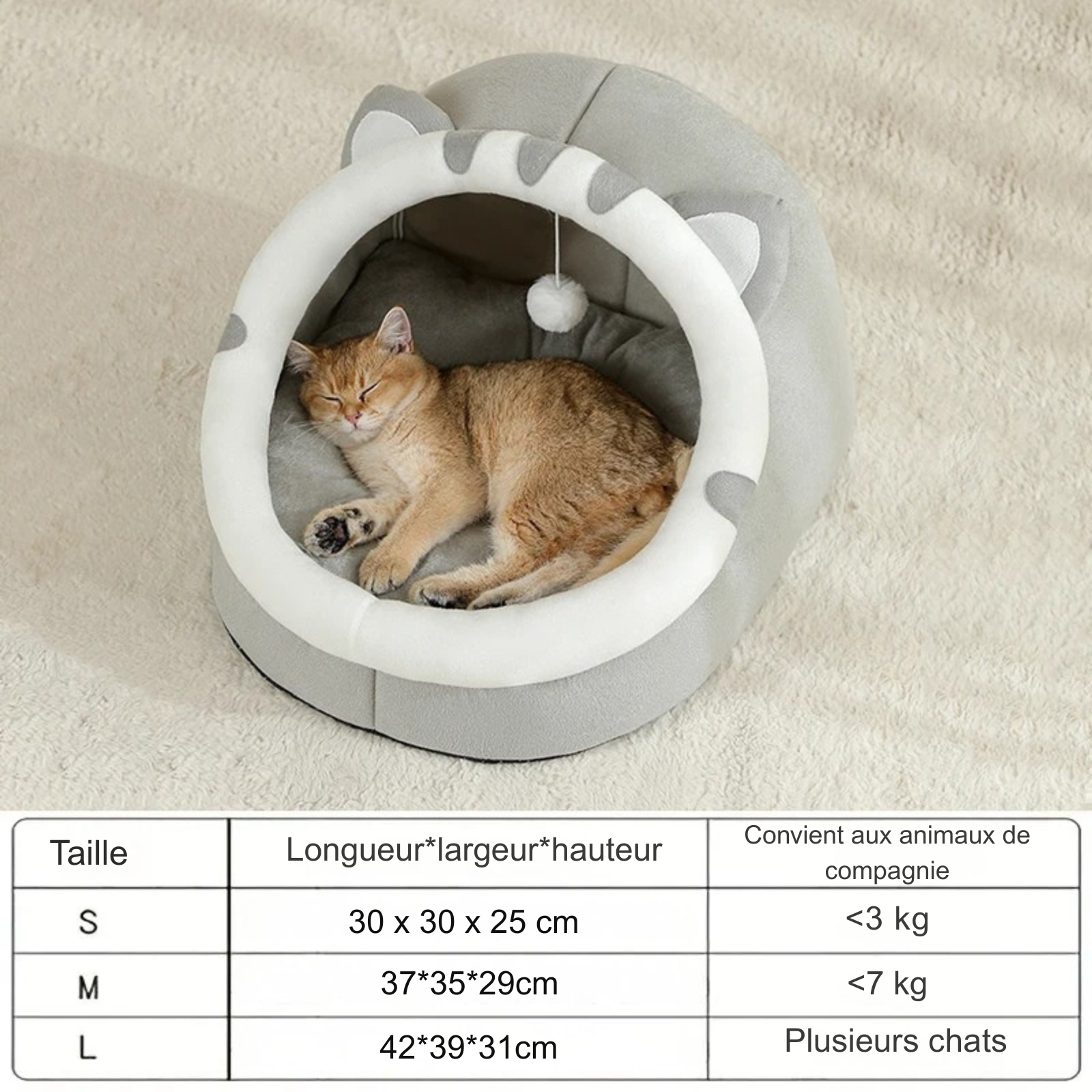 Infographie du panier chat en forme d'igloo gris avec tableau des tailles S, M et L. L'image détaille les dimensions et le poids supporté pour chaque coussin pour chat. Guide pratique pour choisir le lit idéal selon le poids de votre animal. Cocon douillet pour coussin a chat. Qualité Les Trésors d'Owka.