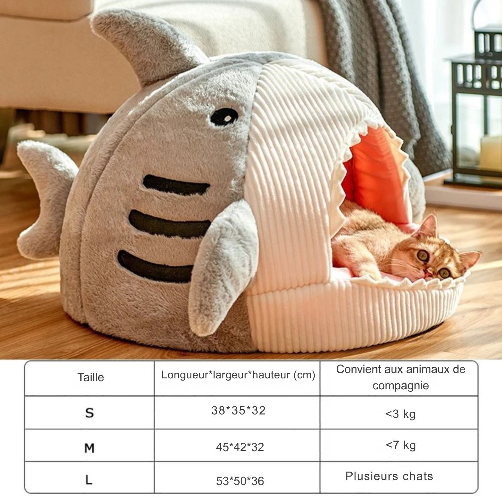 Guide des tailles pour panier chat requin avec tableau de dimensions et poids recommandé. L'image présente les mesures S, M et L de cette niche igloo originale avec coussin pour chat intégré. Couchage spacieux pour plusieurs chats, chaud et protecteur pour un confort de type coussin a chat. Qualité Les Trésors d'Owka.