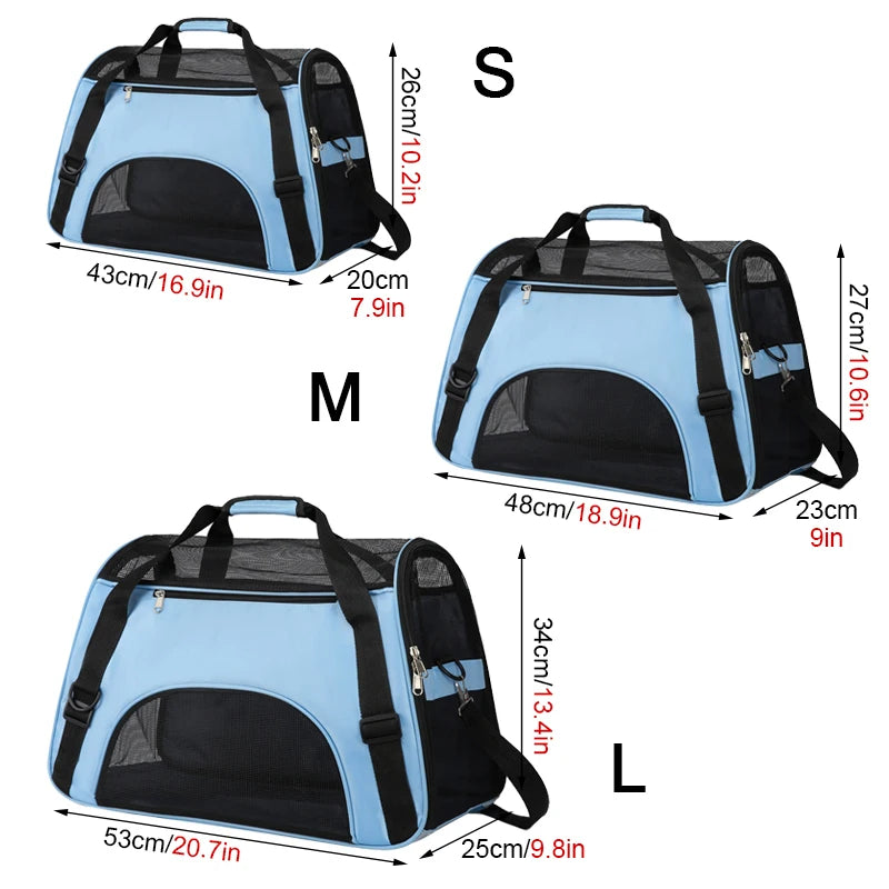 Guide des tailles pour sac de transport souple pour chat bleu ciel : Taille S (43x20x26cm), Taille M (48x23x27cm) et Taille L (53x25x34cm) avec fenêtres en maille respirante.