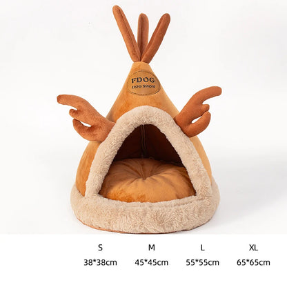 Guide des tailles pour panier chat tipi renne avec tableau de dimensions S, M, L et XL. L'image précise les mesures de 38cm à 65cm pour cette niche igloo avec coussin pour chat amovible. Couchage de luxe, chaud et original pour un confort type coussin a chat. Qualité Les Trésors d'Owka.