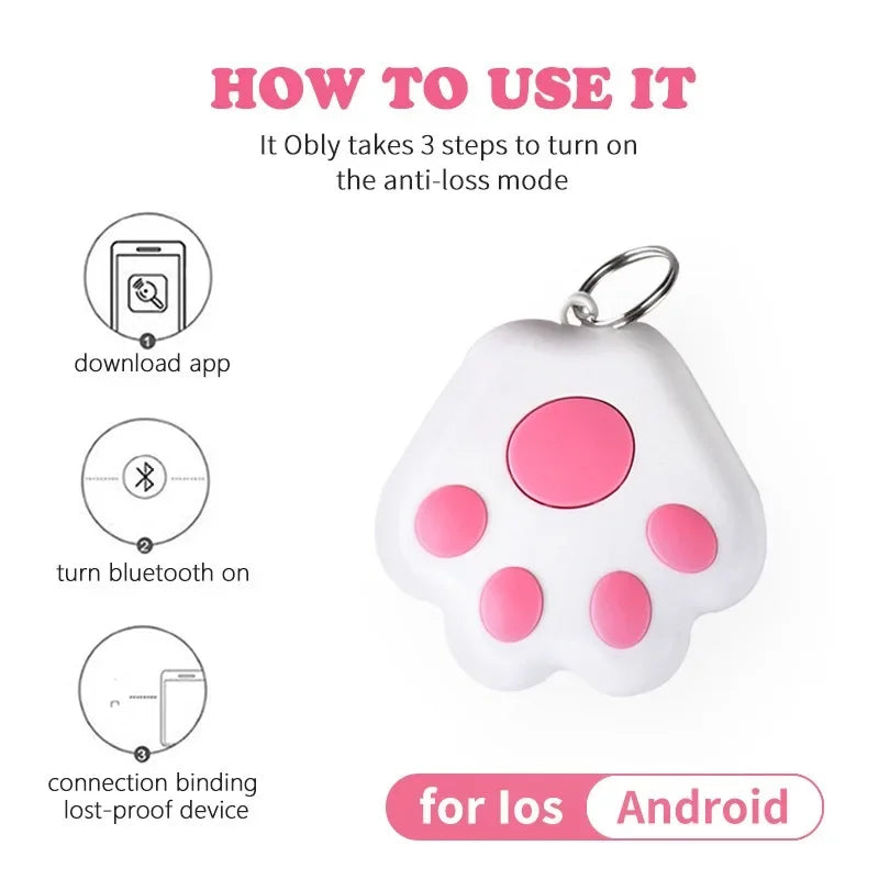 Guide d'utilisation en 3 étapes du traceur anti-perte Bluetooth en forme de patte : téléchargement de l'application, activation du Bluetooth et synchronisation du dispositif, compatible avec iOS et Android.