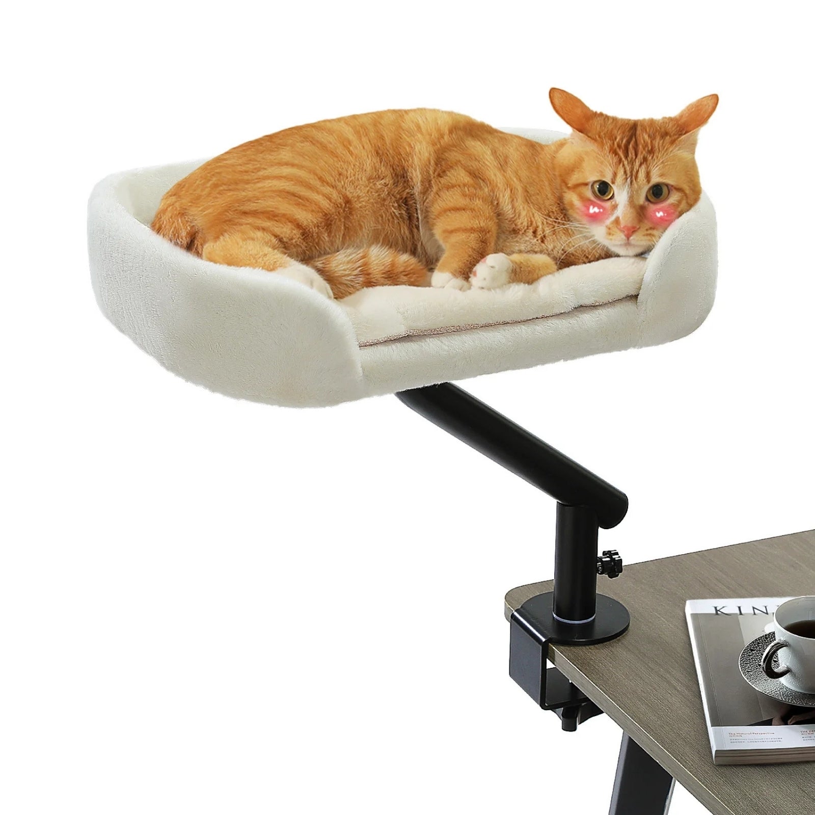 Hamac à chat bureau ergonomique avec fixation rotative. Ce hamac pour chat en peluche blanche se fixe sur le rebord d'une table pour laisser votre félin dormir près de vous. Un hamac chat robuste et confortable, idéal pour le télétravail avec son chat roux.