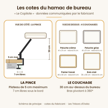 Cotes du hamac chat de bureau : plateau de 5 cm maximum, 7 cm libres sous le bord, couchage à 30 cm — Les Trésors d'Owka