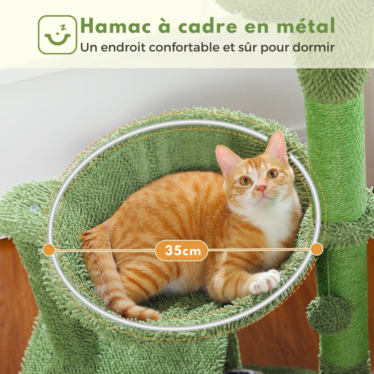 Hamac pour chat de 35 cm avec cadre en métal robuste, revêtement en tissu peluche vert cactus et chat roux installé confortablement.