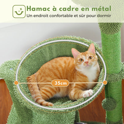 Hamac pour chat de 35 cm avec cadre en métal robuste, revêtement en tissu peluche vert cactus et chat roux installé confortablement.