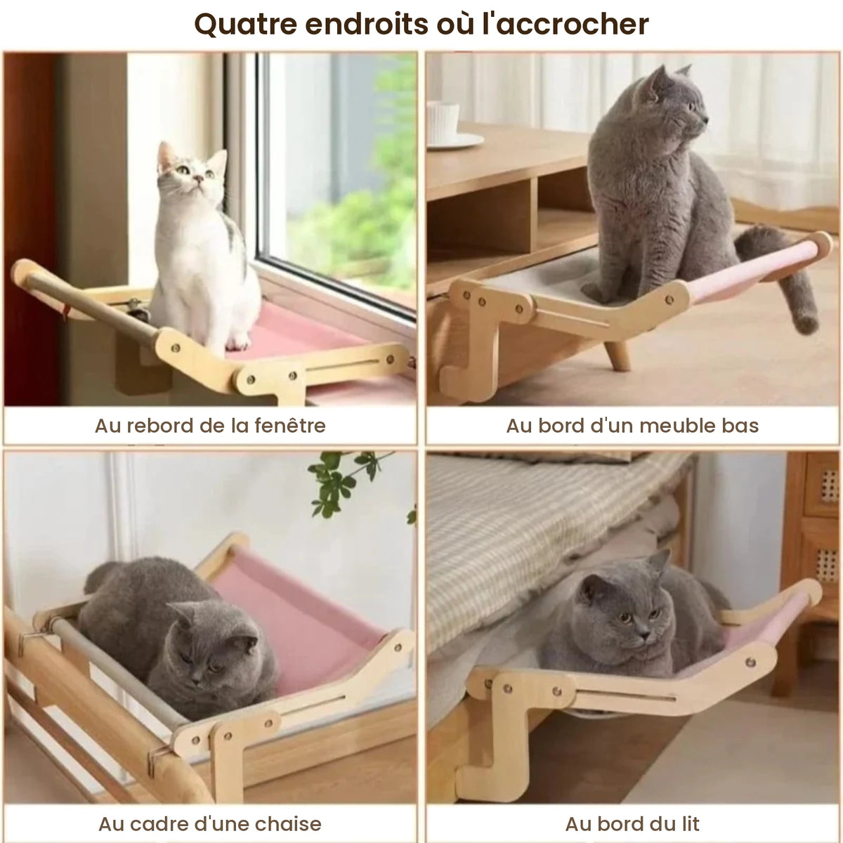 Hamac chat en bois accroché au rebord de fenêtre, à un meuble bas, à une chaise et au bord du lit — Les Trésors d'Owka