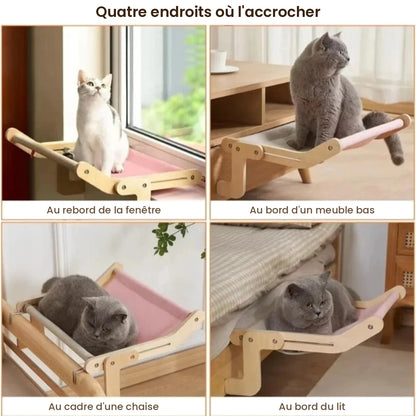 Hamac chat en bois accroché au rebord de fenêtre, à un meuble bas, à une chaise et au bord du lit — Les Trésors d'Owka
