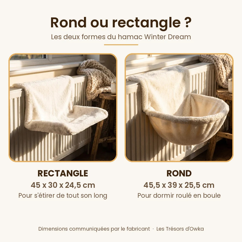 Dimensions du hamac chat radiateur : rectangle 45 x 30 x 24,5 cm, rond 45,5 x 39 x 25,5 cm — Les Trésors d'Owka
