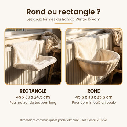 Dimensions du hamac chat radiateur : rectangle 45 x 30 x 24,5 cm, rond 45,5 x 39 x 25,5 cm — Les Trésors d'Owka