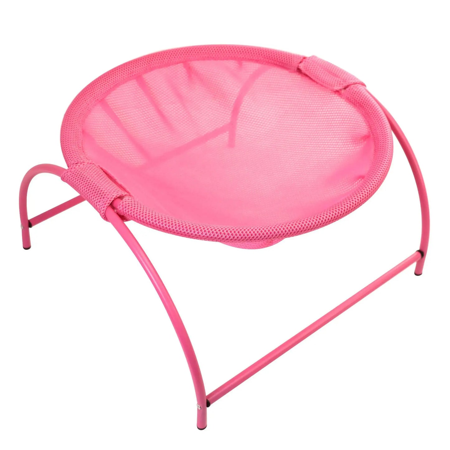 Hamac chat surélevé rose vif détouré sur fond blanc, avec structure métallique en arche et lit suspendu en maille respirante. Ce coussin à chat original offre une suspension ergonomique et une ventilation 360°. Alternative moderne et colorée au coussin pour chat classique, stable et facile d'entretien. Qualité Les Trésors d'Owka.