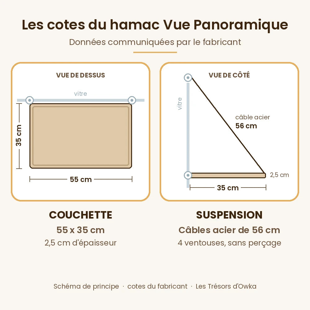 Cotes du hamac chat ventouse Vue Panoramique : couchette 55 x 35 cm, câbles de 56 cm — Les Trésors d'Owka
