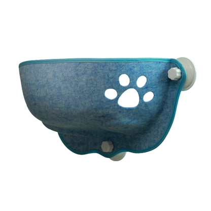 Hamac de fenêtre pour chat en feutre bleu chiné avec découpe décorative en forme de patte, doté de ventouses à vis haute performance pour une fixation stable et sécurisée sur vitre.