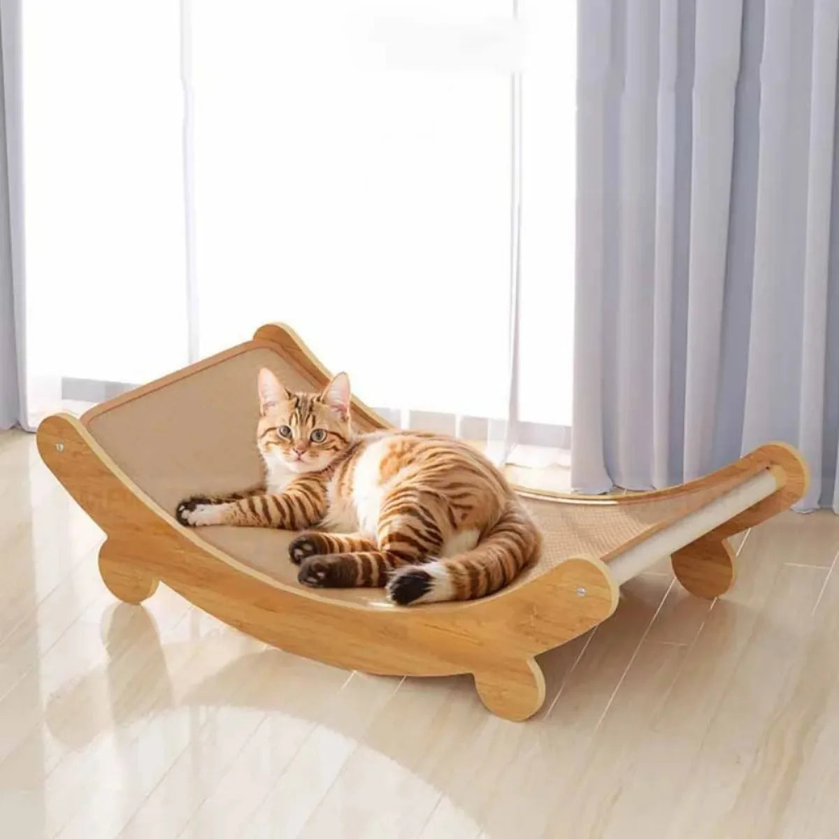 Photographie d'un chat tigré installé sereinement sur un griffoir chat haut de gamme en forme de hamac incurvé. L'image met en lumière la structure ergonomique en bois massif clair et la surface de griffade en sisal naturel beige. Ce griffoir pour chat élégant au design scandinave sert à la fois de zone de repos confortable et de station de griffade robuste pour protéger vos meubles. Un griffoir a chat durable qui allie bien-être félin et décoration intérieure moderne, idéal pour les propriétaires cherchant
