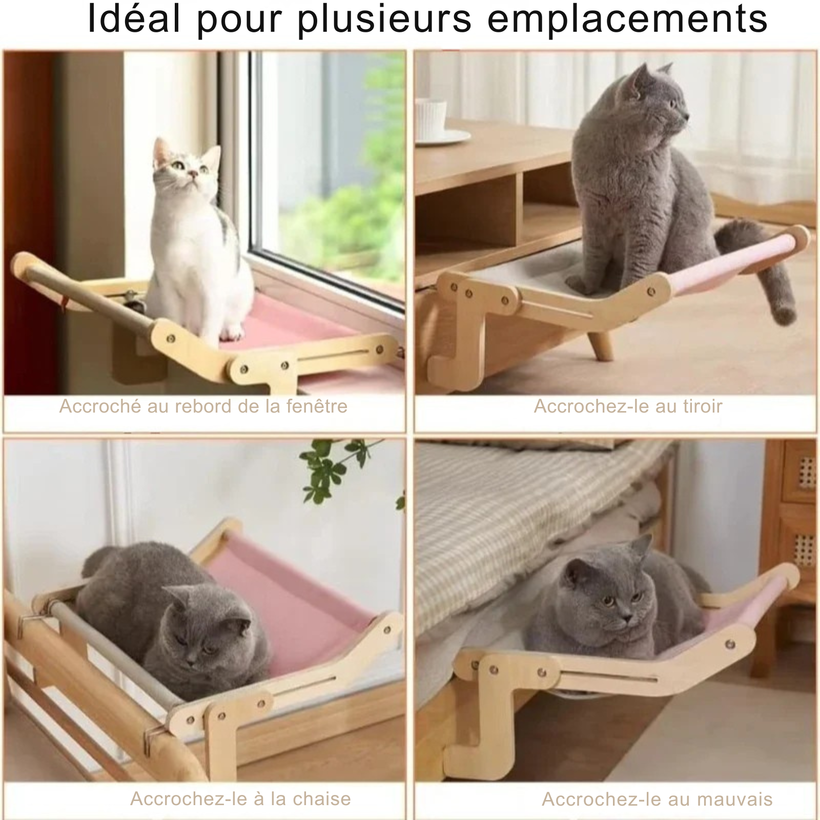 Infographie montrant 4 installations d'un hamac pour chat en bois et tissu rose : fixé sur un rebord de fenêtre, un tiroir, une chaise et un bord de lit. Montage sans perçage idéal pour hamac chaton stable. Accessoire de repos universel et modulable pour hamac a chat de luxe. Qualité Les Trésors d'Owka.