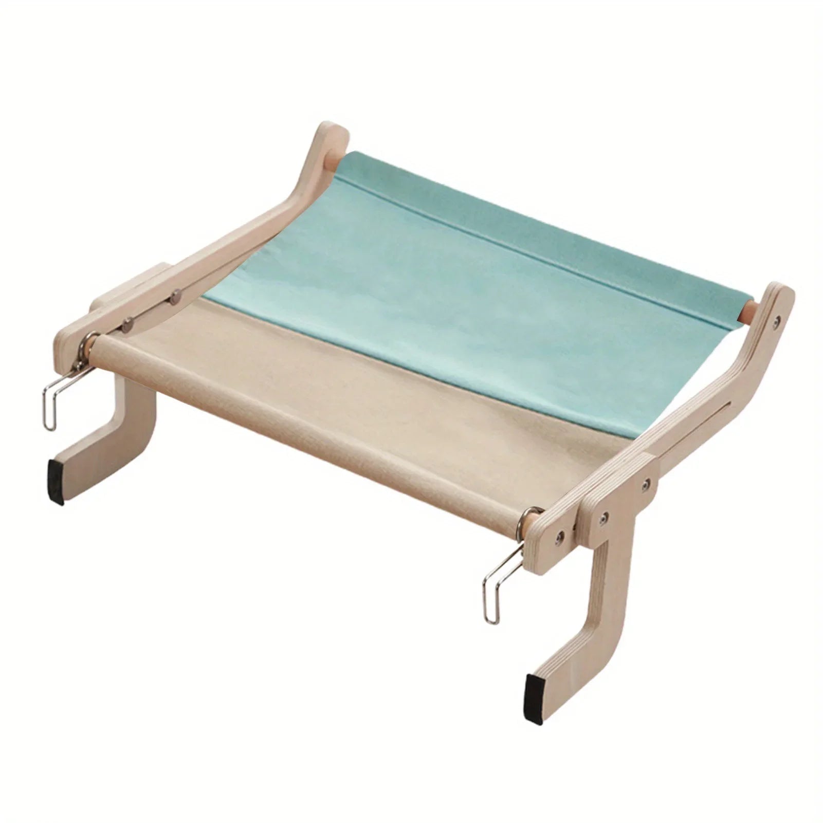 Vue détourée d'un hamac pour chat en bois naturel et toile bicolore turquoise et beige. Structure ajustable avec crochets métalliques et pieds antidérapants pour fixation sur lit ou canapé. Mobilier de luxe stable, design et sans ventouse pour hamac a chat. Qualité premium Les Trésors d'Owka.