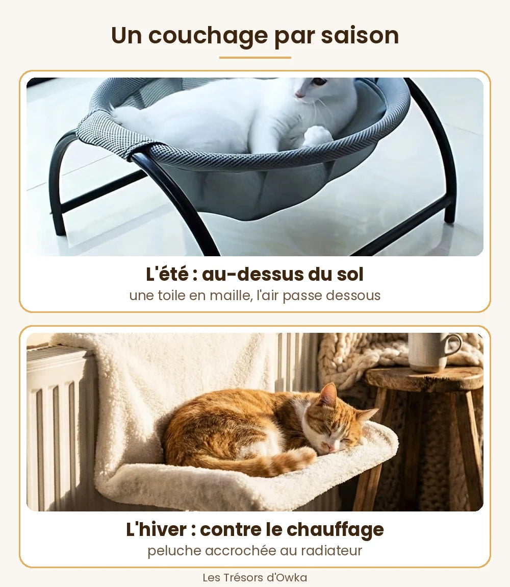 Un couchage par saison : chat sur un lit en maille sur pieds l'été, chat au radiateur l'hiver — Les Trésors d'Owka