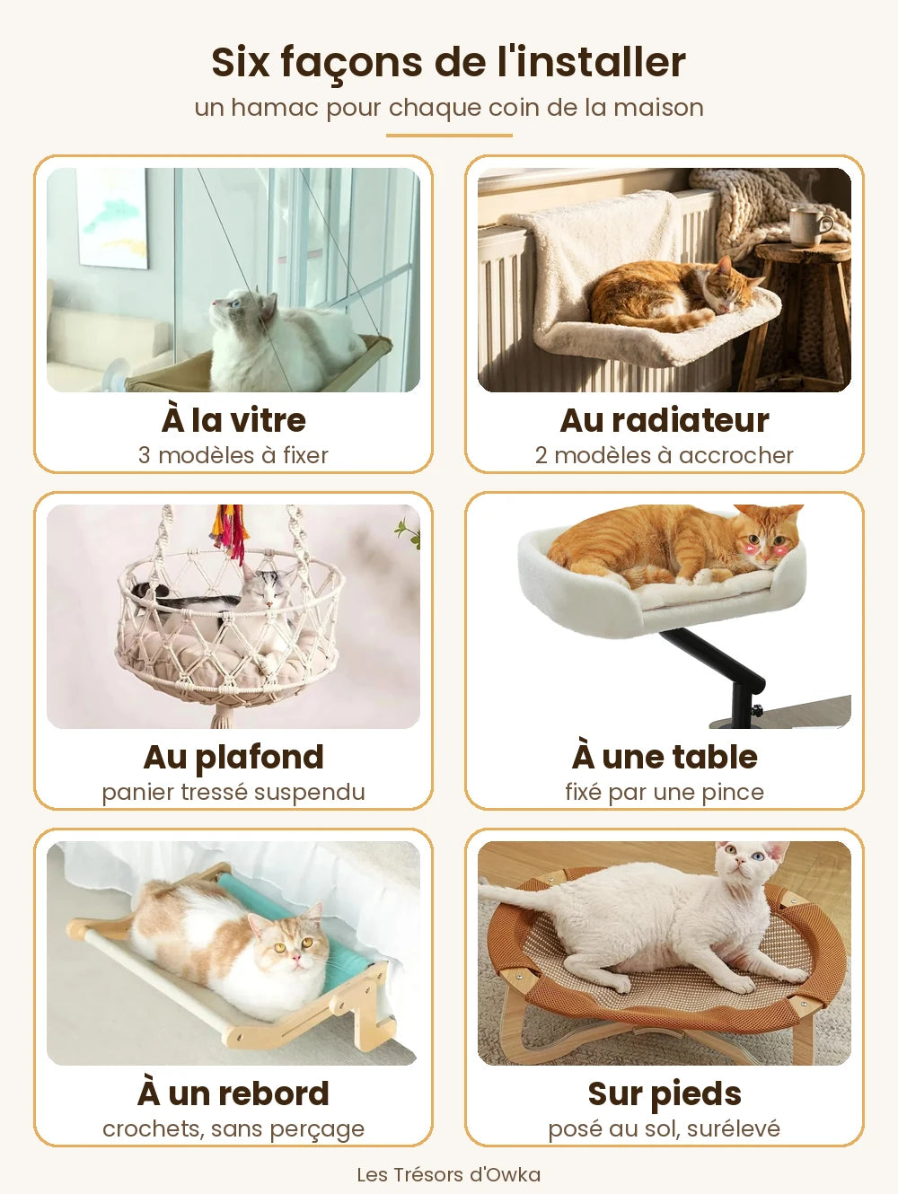 Hamac pour chat en six installations : vitre, radiateur, plafond, table, rebord et sur pieds — Les Trésors d'Owka