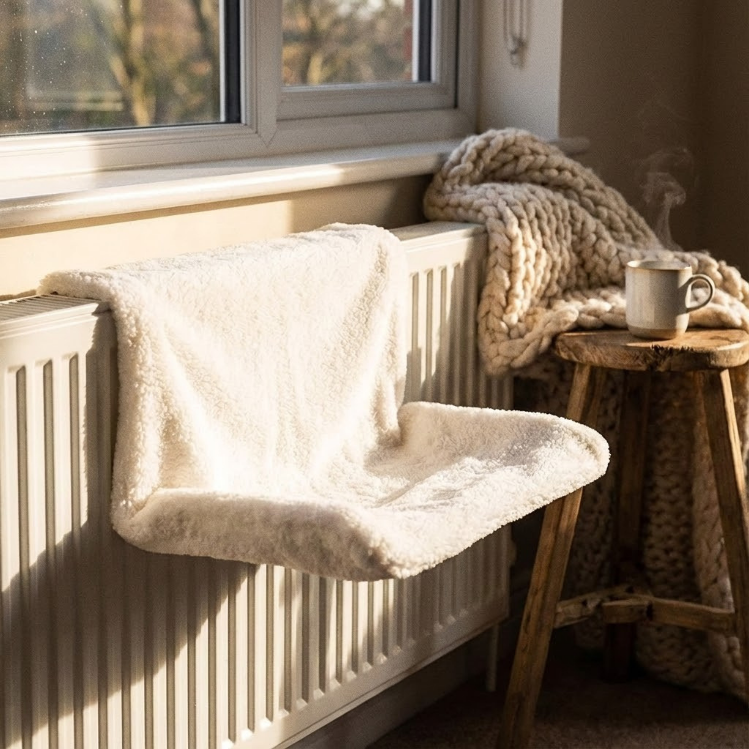 Hamac de radiateur pour chat en peluche blanche ultra-douce installé sur un radiateur blanc près d'une fenêtre ensoleillée dans une ambiance cocooning.