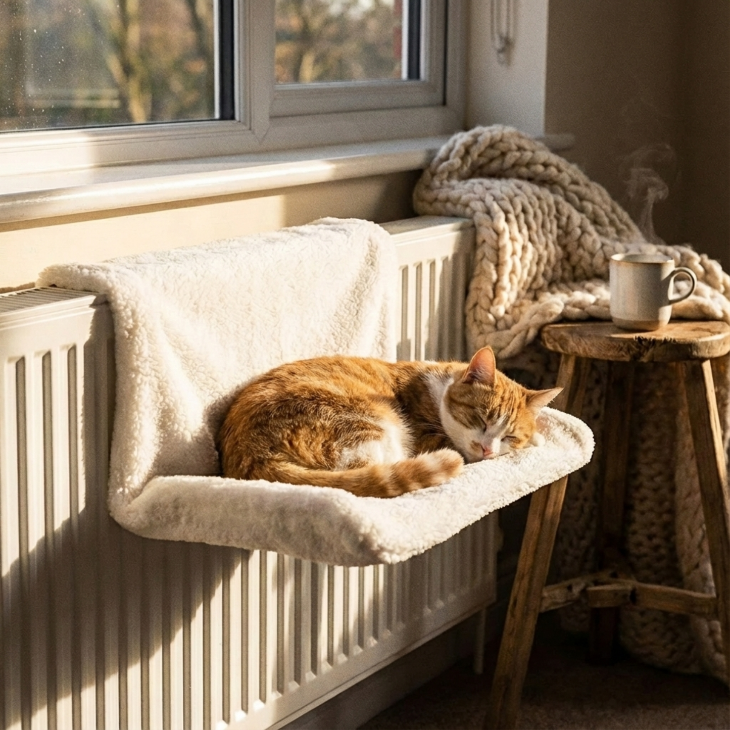 Chat roux et blanc dormant paisiblement dans un hamac de radiateur en peluche blanche ultra-douce, installé sur un radiateur près d'une fenêtre ensoleillée dans une ambiance cocooning.