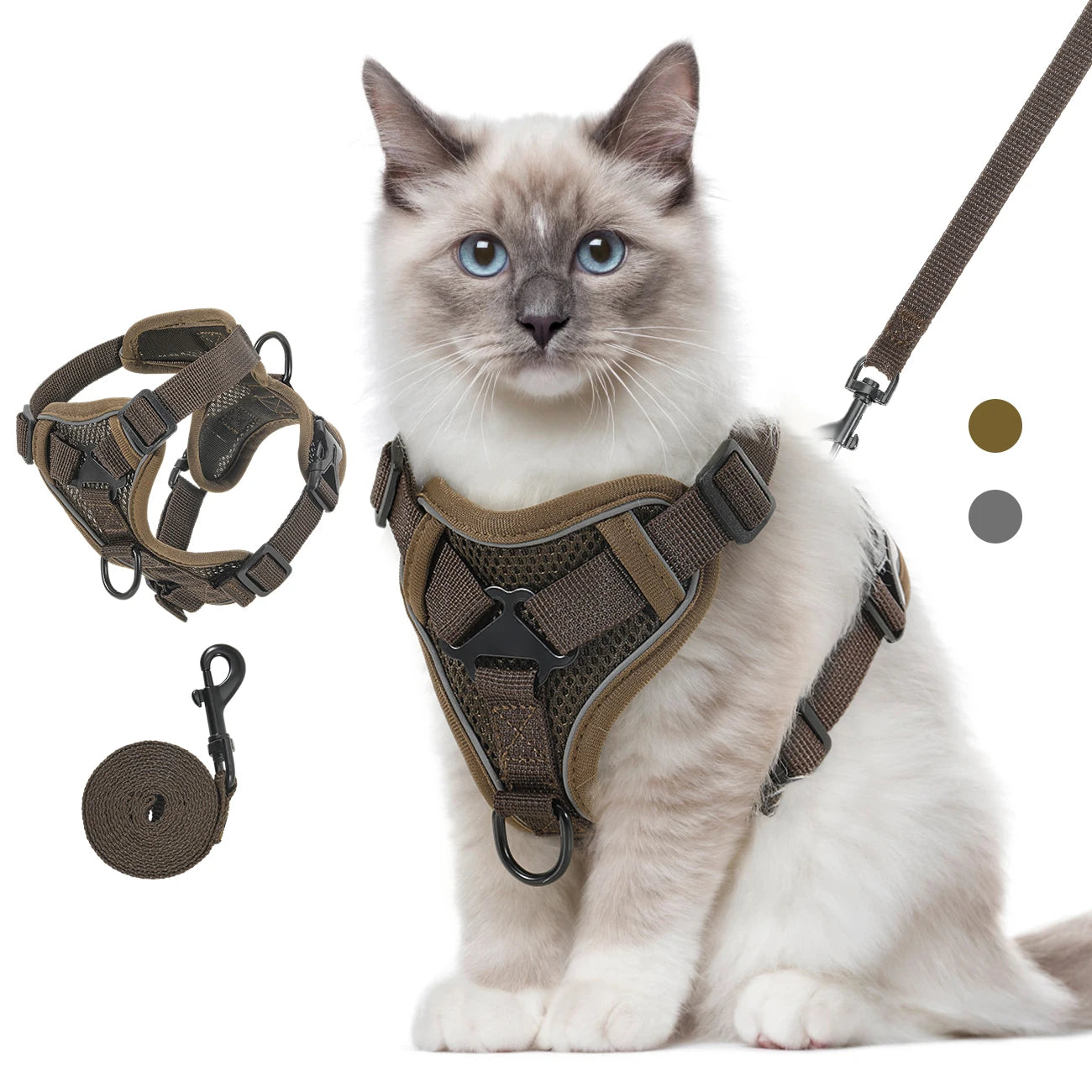 Chat blanc de race portant un harnais pour chat marron en maille mesh respirante. Le visuel montre ce harnais chat ajustable avec bandes réfléchissantes, sa laisse assortie et un zoom sur sa structure ergonomique anti-traction. Un modèle de harnais animaux premium avec double attache métallique, idéal pour une promenade sécurisée et confortable.