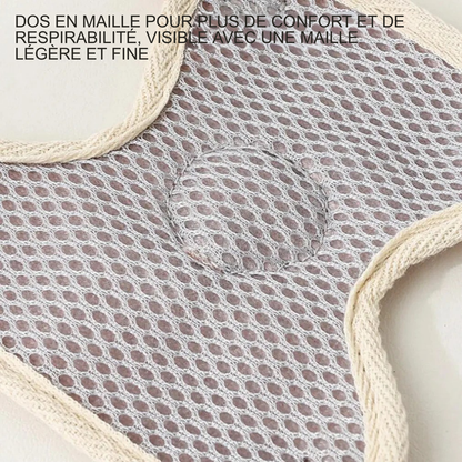 Gros plan sur la doublure intérieure d'un harnais pour chat en maille mesh respirante, légère et fine. Cette texture alvéolée du harnais chat assure un confort thermique optimal et une aération maximale du pelage. Un détail de conception premium pour ce harnais animaux ajustable, garantissant une expérience de promenade sans chaleur excessive pour votre animal.