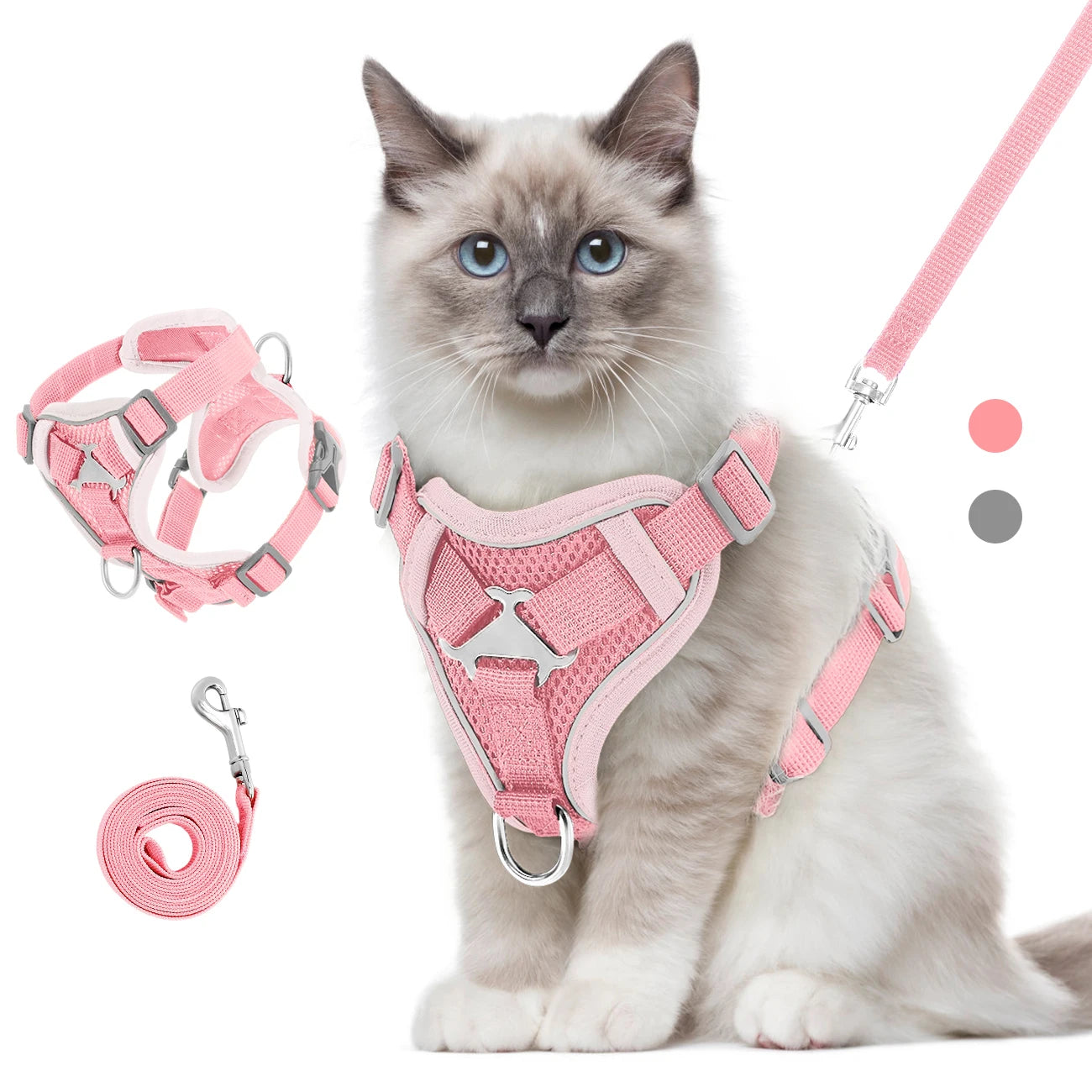 Chaton portant un harnais pour chat rose en maille mesh respirante avec bandes réfléchissantes. Le visuel inclut une vue détaillée du harnais chat ajustable, sa laisse assortie et un zoom sur les boucles de sécurité. Un modèle de harnais animaux ergonomique et confortable avec système anti-traction et anti-évasion pour une promenade sécurisée.