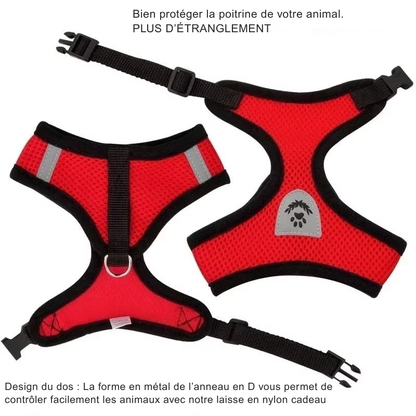 Vue technique d'un harnais pour chat rouge anti-évasion et anti-étranglement avec bandes réfléchissantes de sécurité. Ce harnais chat ergonomique dispose d'un anneau en D métallique et de boucles rapides ajustables pour un contrôle optimal lors des promenades. Un harnais en maille respirante haute qualité conçu pour protéger la poitrine de votre animal