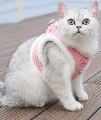 Chat blanc aux yeux verts portant un harnais en velours côtelé rose avec des bordures blanches en peluche douce, présenté en gros plan sur une terrasse en bois. Ce gilet molletonné est le support de confort idéal pour placer un collier gps pour chaton tout en protégeant son pelage délicat. Assurez le bien-être de votre animal avec ce harnais élégant, parfaitement compatible avec l'usage d'un collier gps chat pour des promenades sereines grâce à ce support de collier gps haut de gamme.