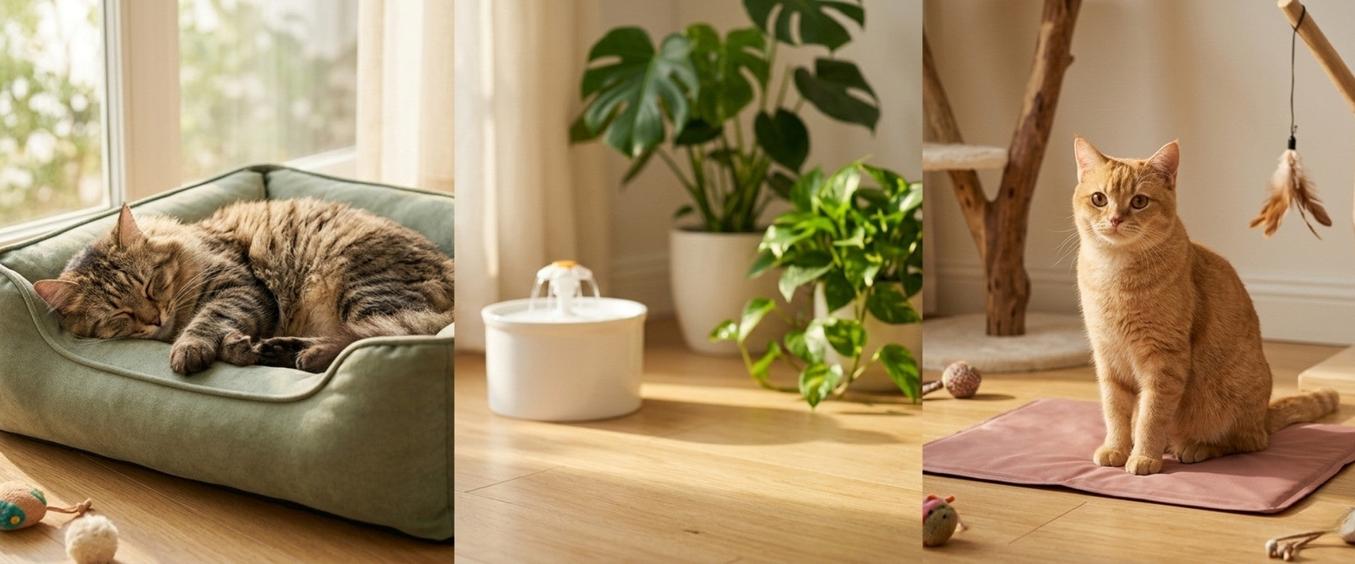 Chat tabby endormi dans un panier vert sauge près d'une fenêtre ensoleillée, fontaine à eau céramique blanche entourée de plantes vertes au centre, et chat roux assis sur un tapis rafraîchissant rose poudré devant un arbre à chat en bois — univers bien-être et confort Les Trésors d'Owka