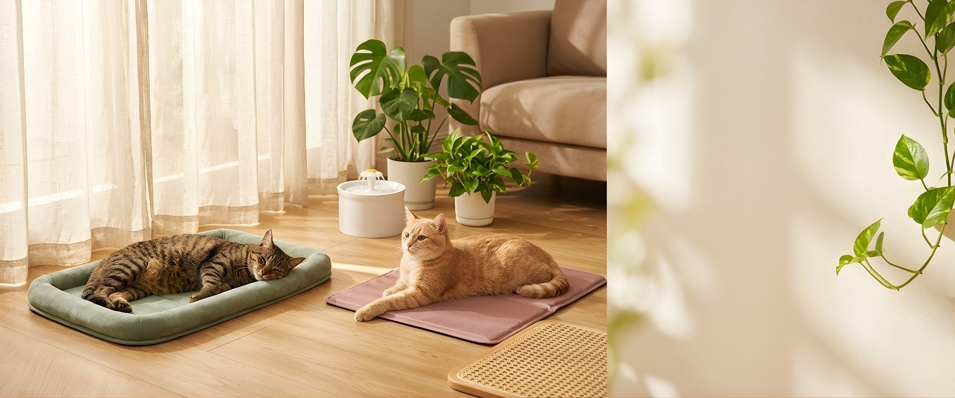 Deux chats détendus sur des tapis rafraîchissants dans un salon lumineux — un tabby sur un tapis soie glacée vert sauge à rebords, un roux sur un tapis plat rose poudré — avec fontaine à eau céramique et plantes vertes en arrière-plan