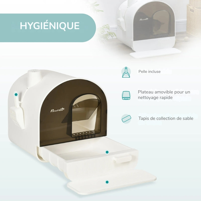 Infographie hygiénique d'un bac à litière chat PawHut blanc présentant son plateau amovible pour un nettoyage rapide, sa pelle incluse et son tapis de collection de sable. Une solution complète de bac a litiere idéale comme bac à litière pour chaton.