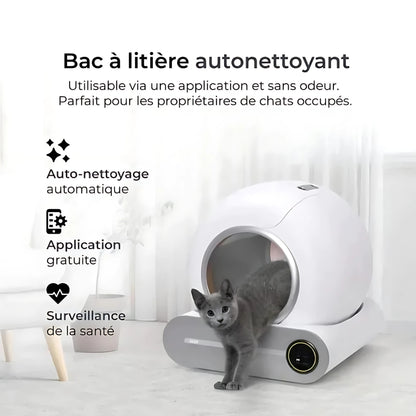 image de la litière autonettoyante ronde blanche démonté avec un chat qui en sort et des informations sur le coté