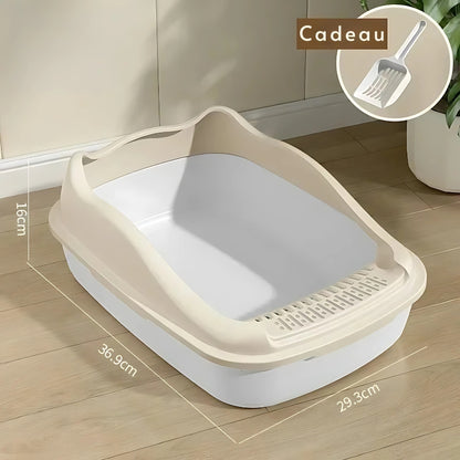 image du bac a litière a bord haut beige pour chaton avec les dimension écrite de chaque coté
