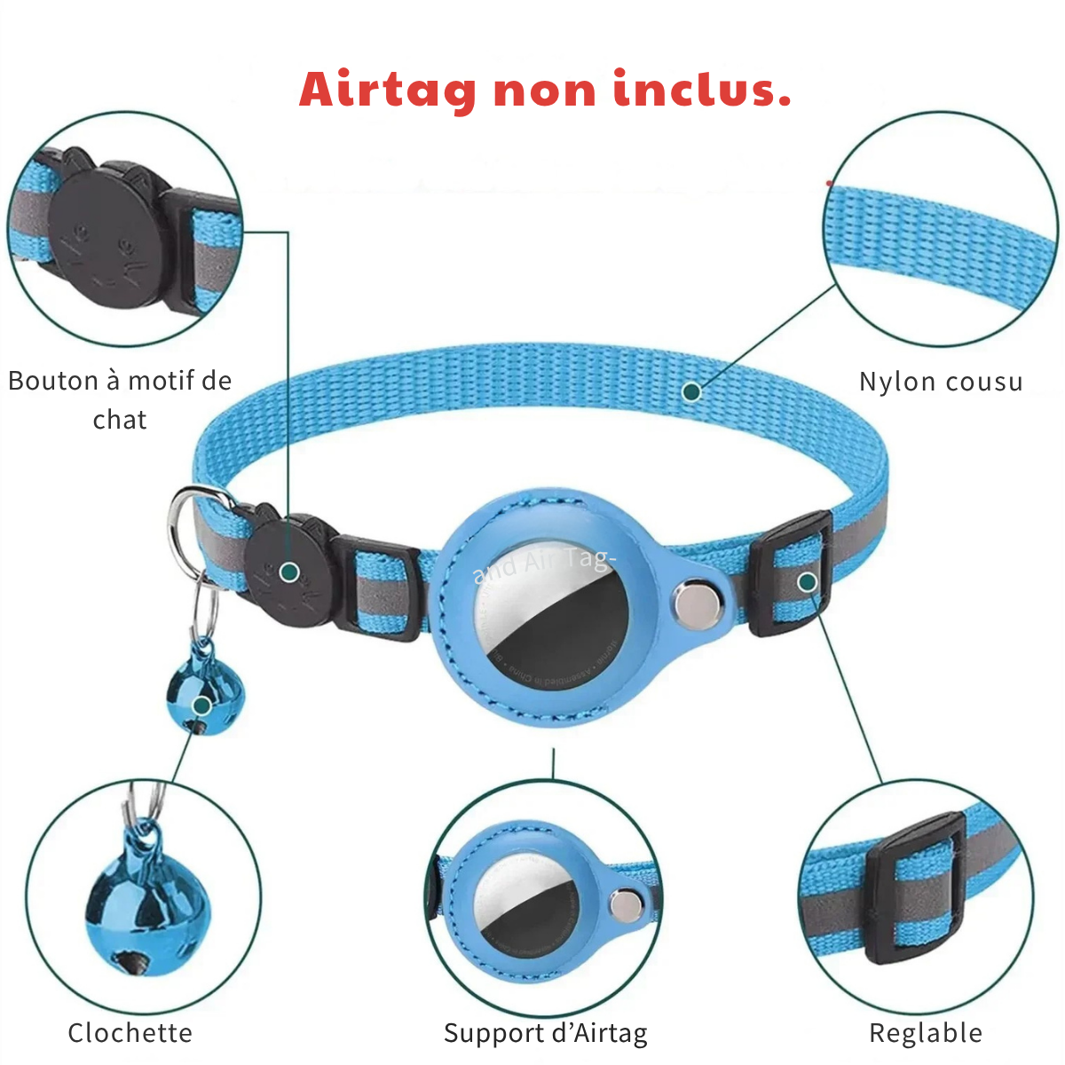 Infographie d'un collier pour chat bleu en nylon cousu avec support d'AirTag intégré, clochette, bouton de sécurité à motif de chat et boucle réglable.