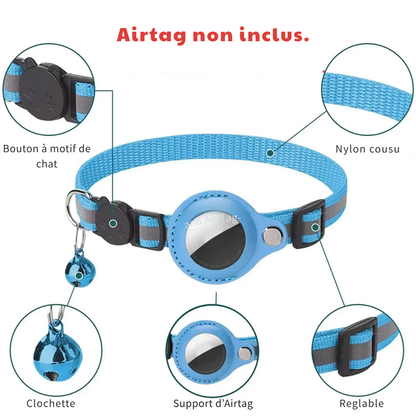 Infographie d'un collier pour chat bleu en nylon cousu avec support d'AirTag intégré, clochette, bouton de sécurité à motif de chat et boucle réglable.